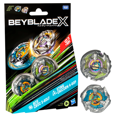 Beyblade X Bite Croc 3-60LF and Sting Unicorn 4-60P Top Dual Pack Set - Restock