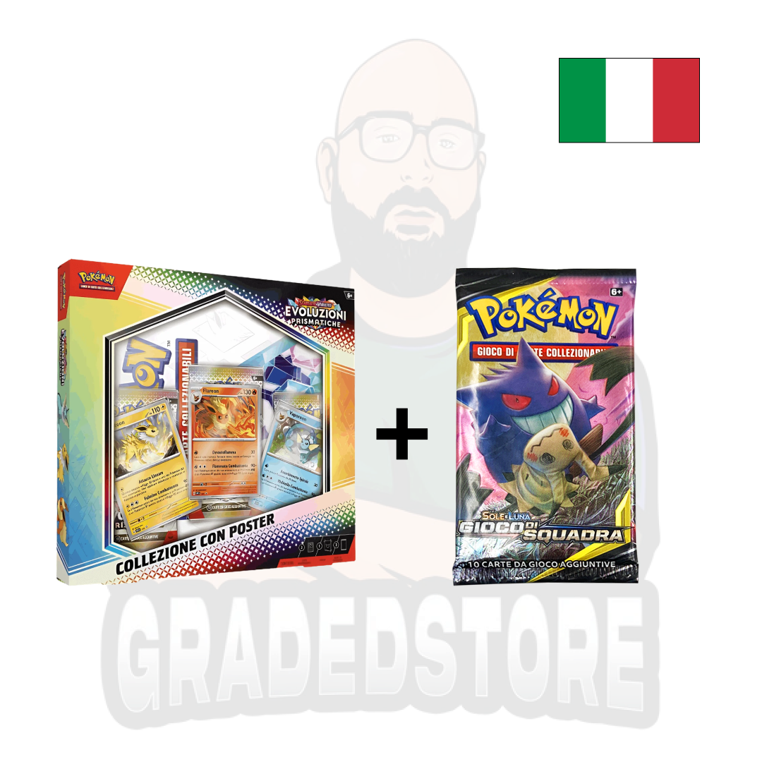 BUNDLE: Pokèmon Evoluzioni Prismatiche Collezione con poster + Bustina Papersleeve Gioco di Squadra Sole e Luna